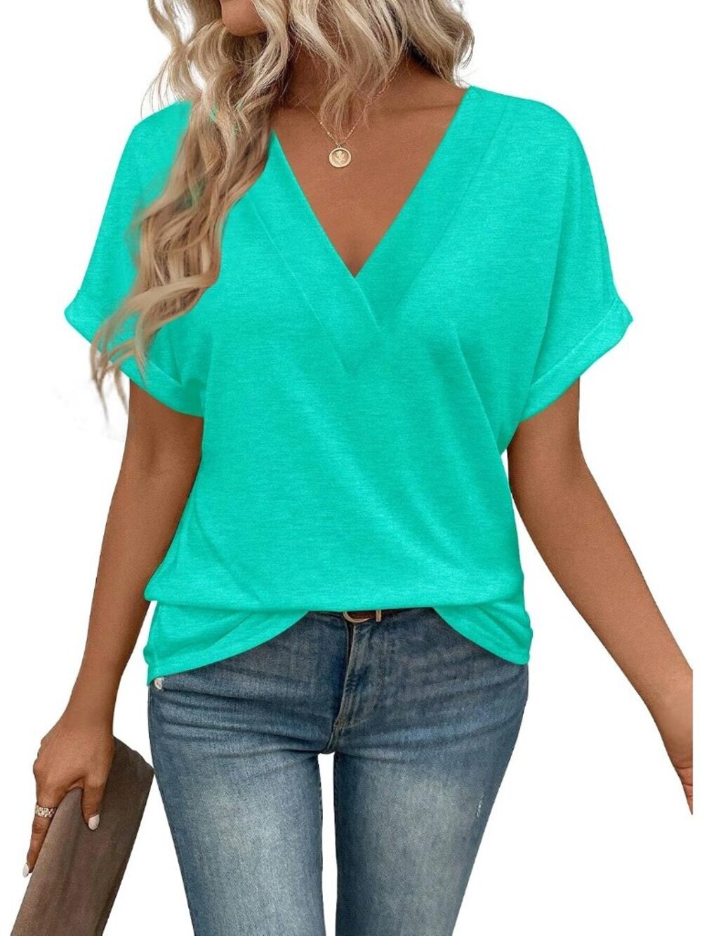 Women's Aqua V Neck Short Sleeve Shirts Lightweight Summer Casual Trendy Blouse